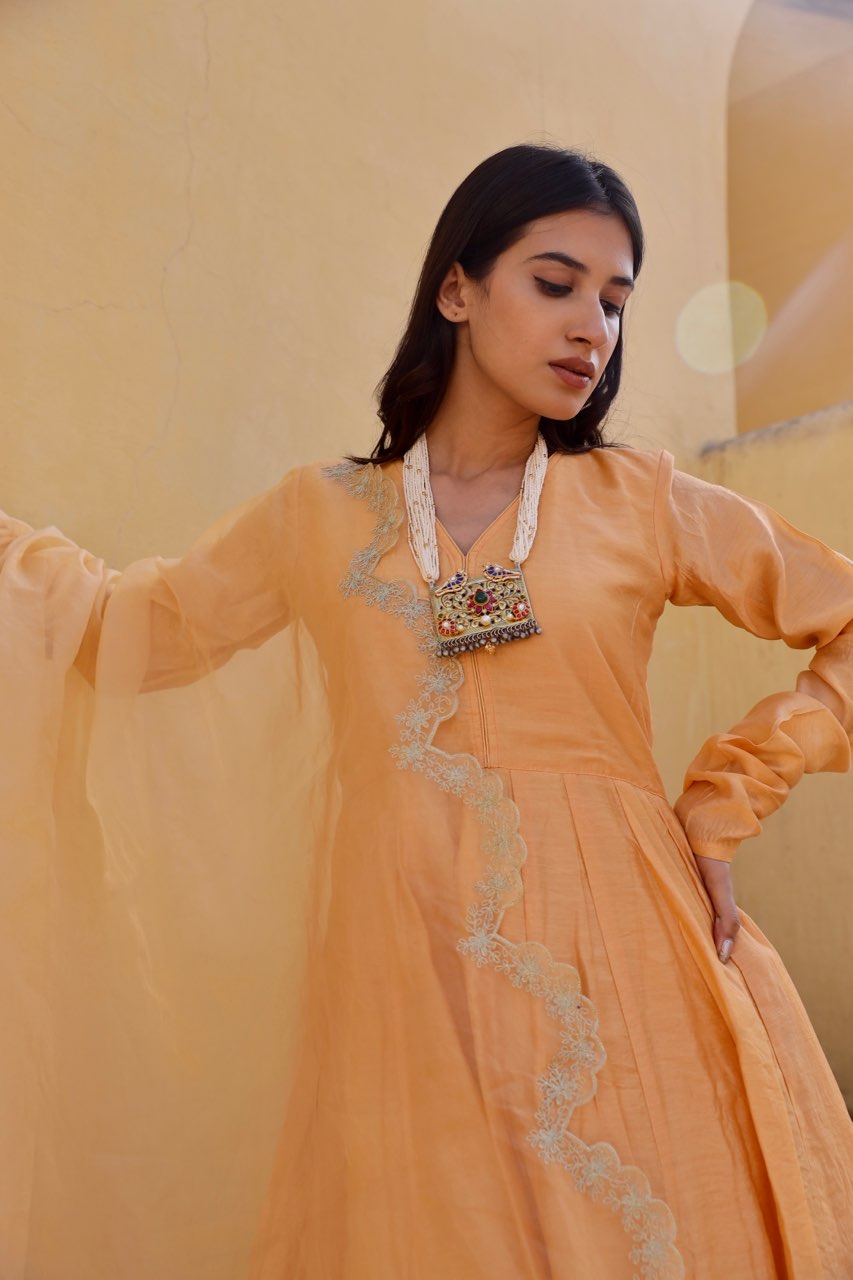 Yellow zari work chanderi anarkali set Asrumo