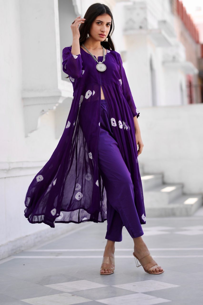 Sabita purple bhandhej anarkali set Asrumo