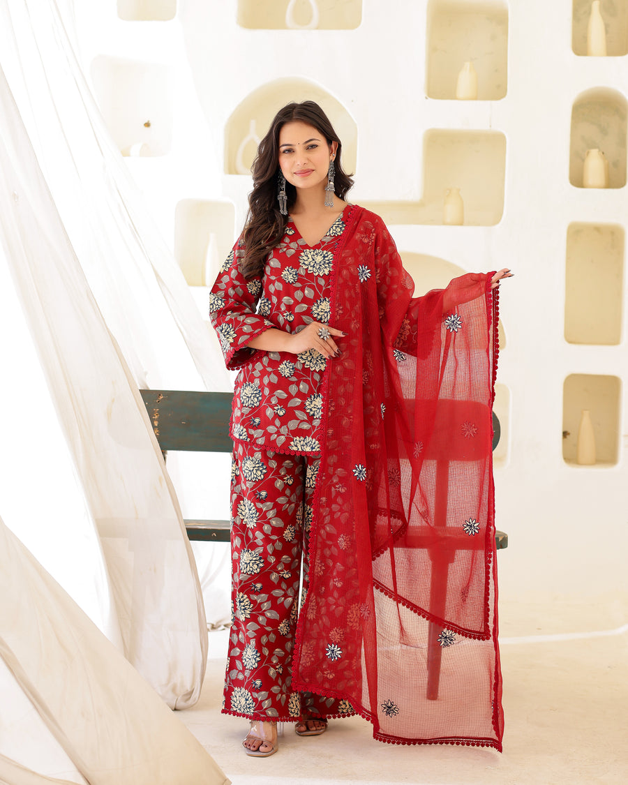 maroon floral hand block print straight suit - Asrumo