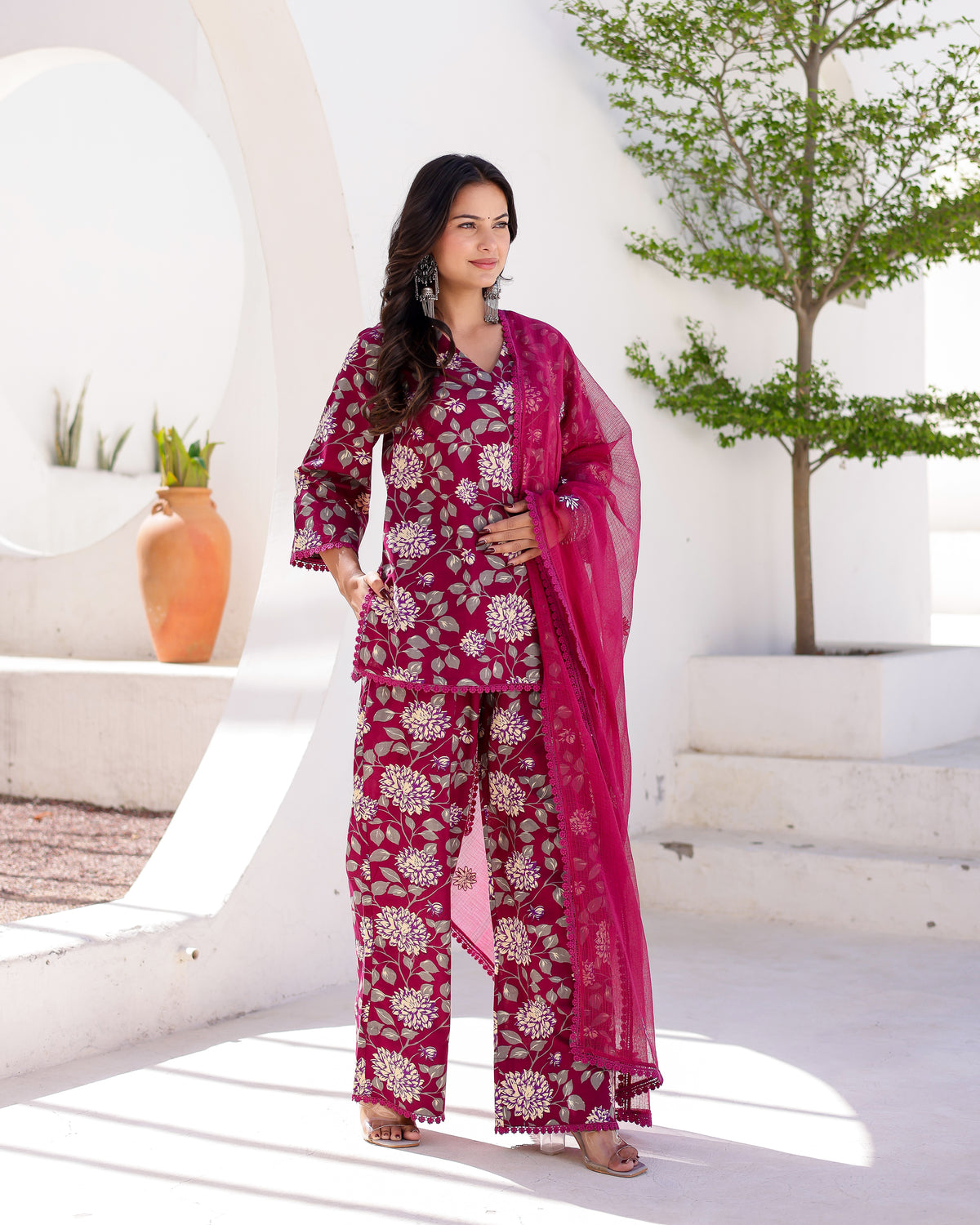 Magenta Floral Handblock Suit Set