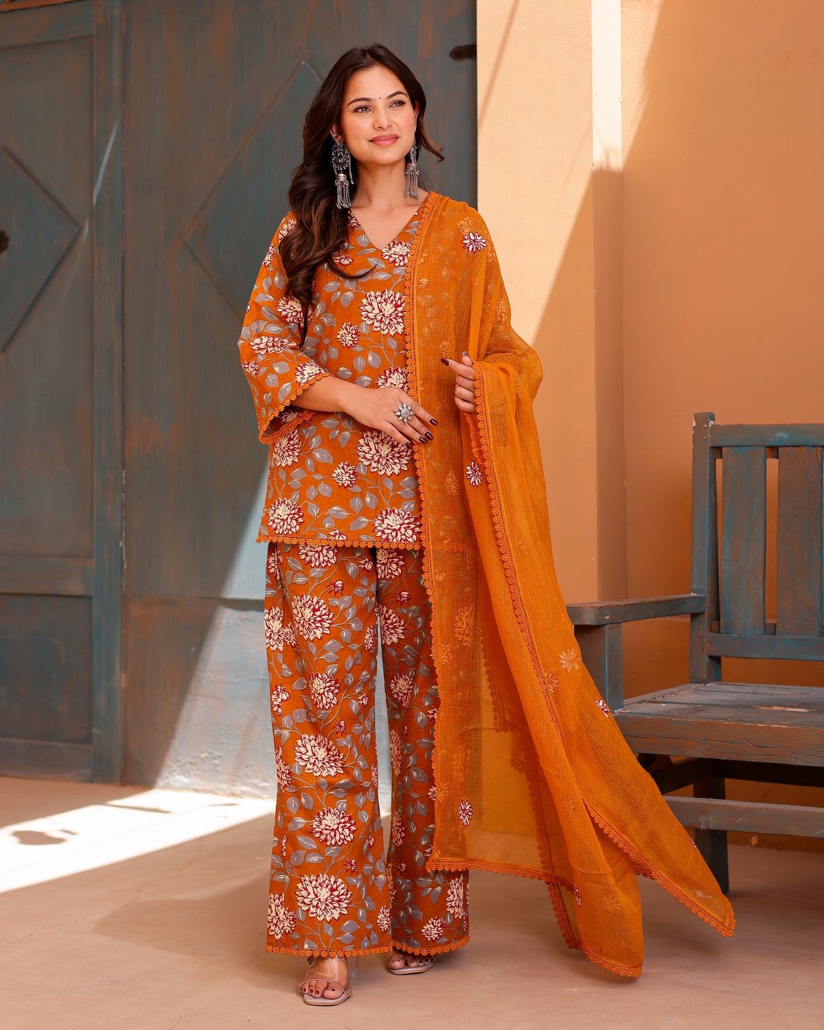 Mustard Floral Handblock Suit Set