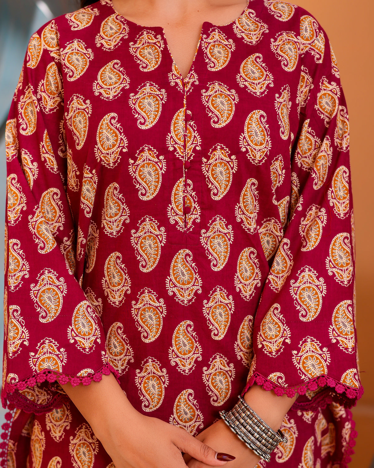 magenta paisley handblock kurta suit set - Asrumo