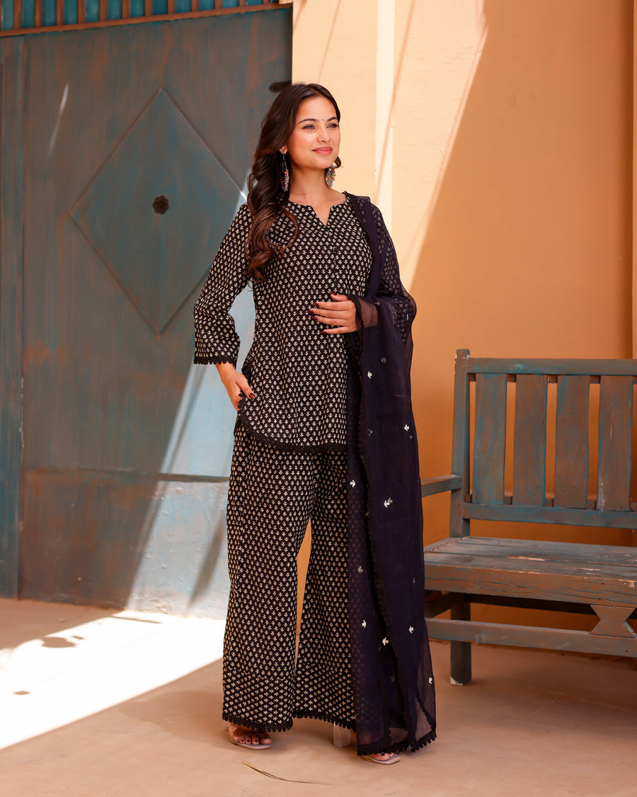 black geometric buti hand block print suit - Asrumo
