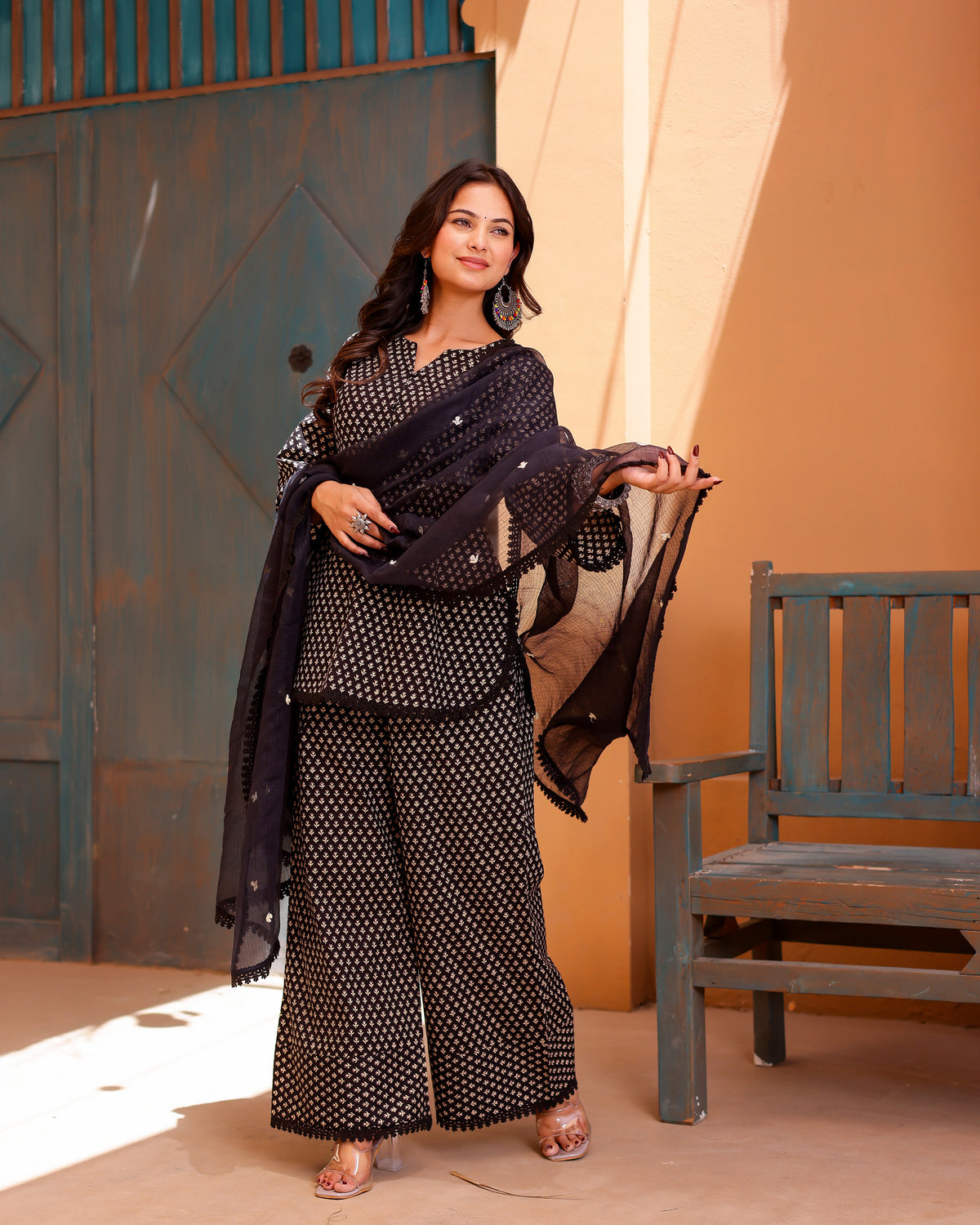 black geometric buti hand block print suit - Asrumo