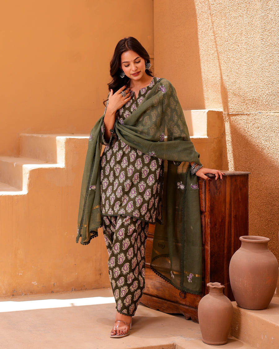 Mehndi Green Paisley Handblock Suit Set