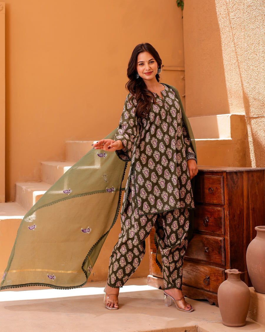 Mehndi Green Paisley Handblock Suit Set alternate view