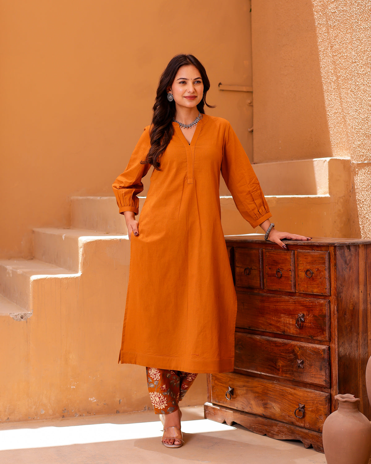 Yellow Paisley Handblock Suit Set | yellow kurta set - Asrumo