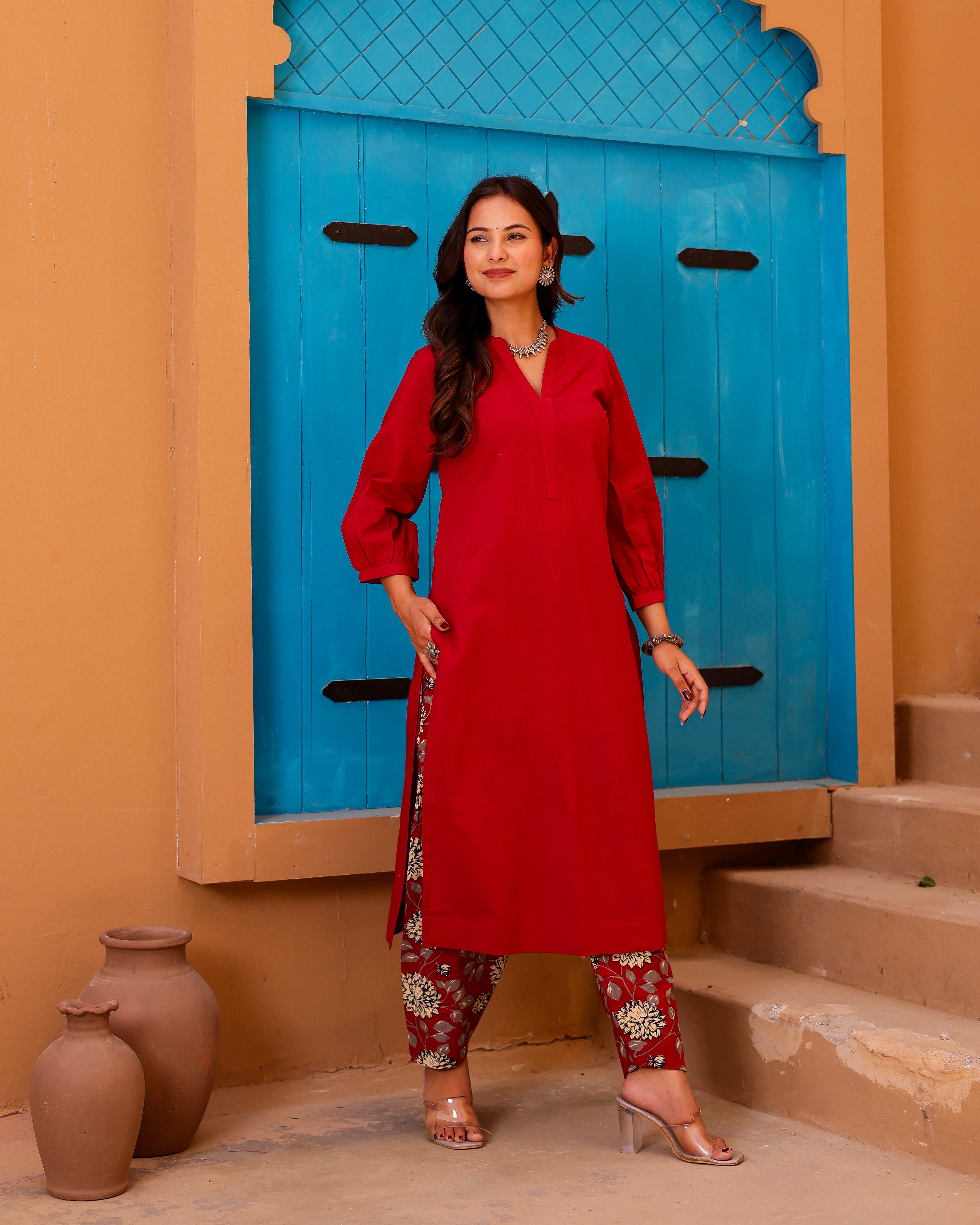 Red Paisley Handblock Suit Set - 001A1026.JPG