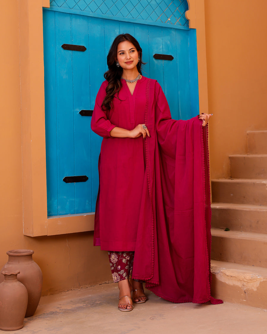 Magenta Paisley Handblock Suit Set