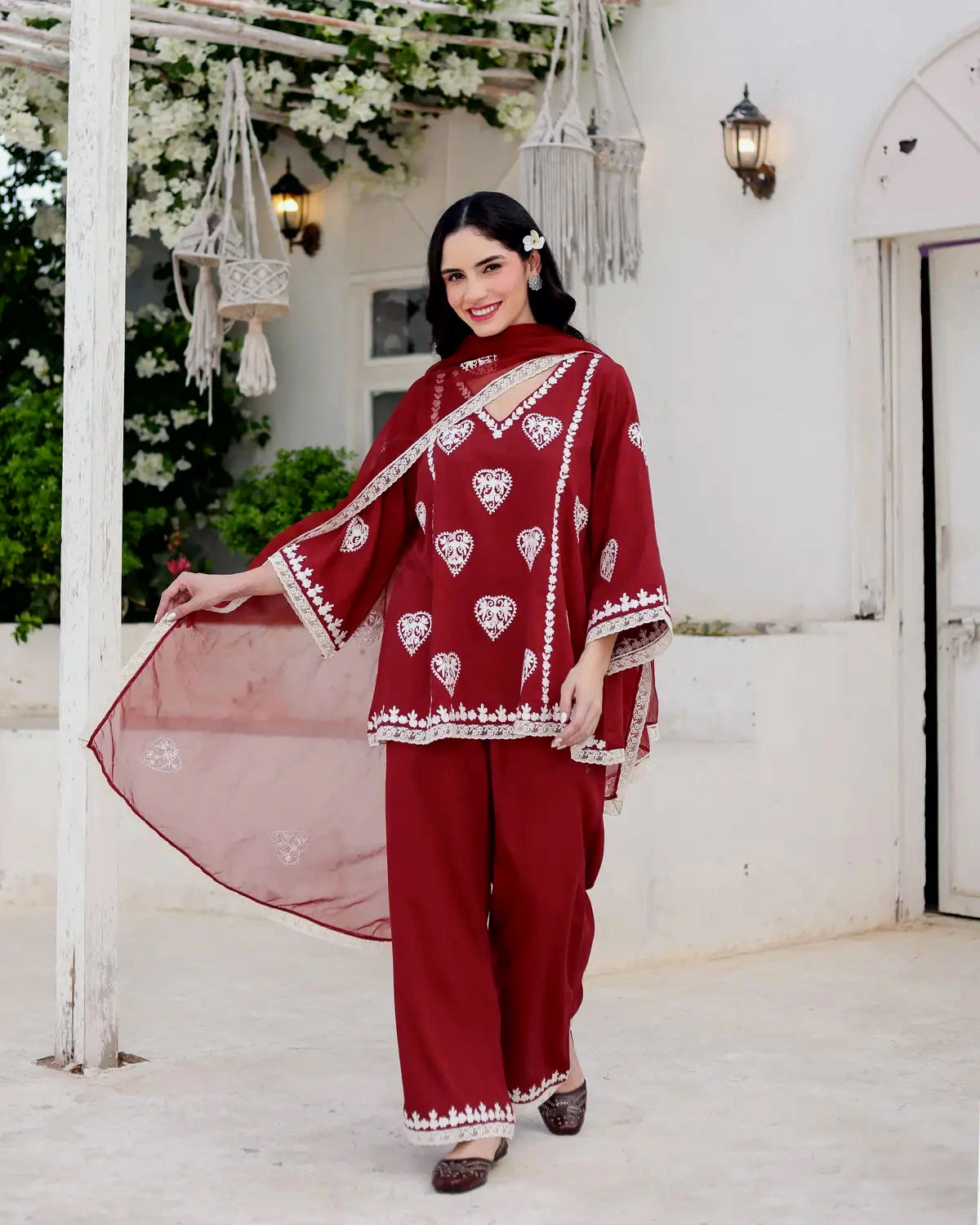 Aarzoo Red Cotton Satin Aari Embroidered Kurta Palazzo Set - AS-TTME-2 (6)