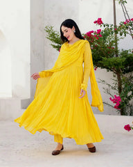 Abeer Yellow Cotton Mulmul Anarkali Dress with Taari Embroidered Dupatta