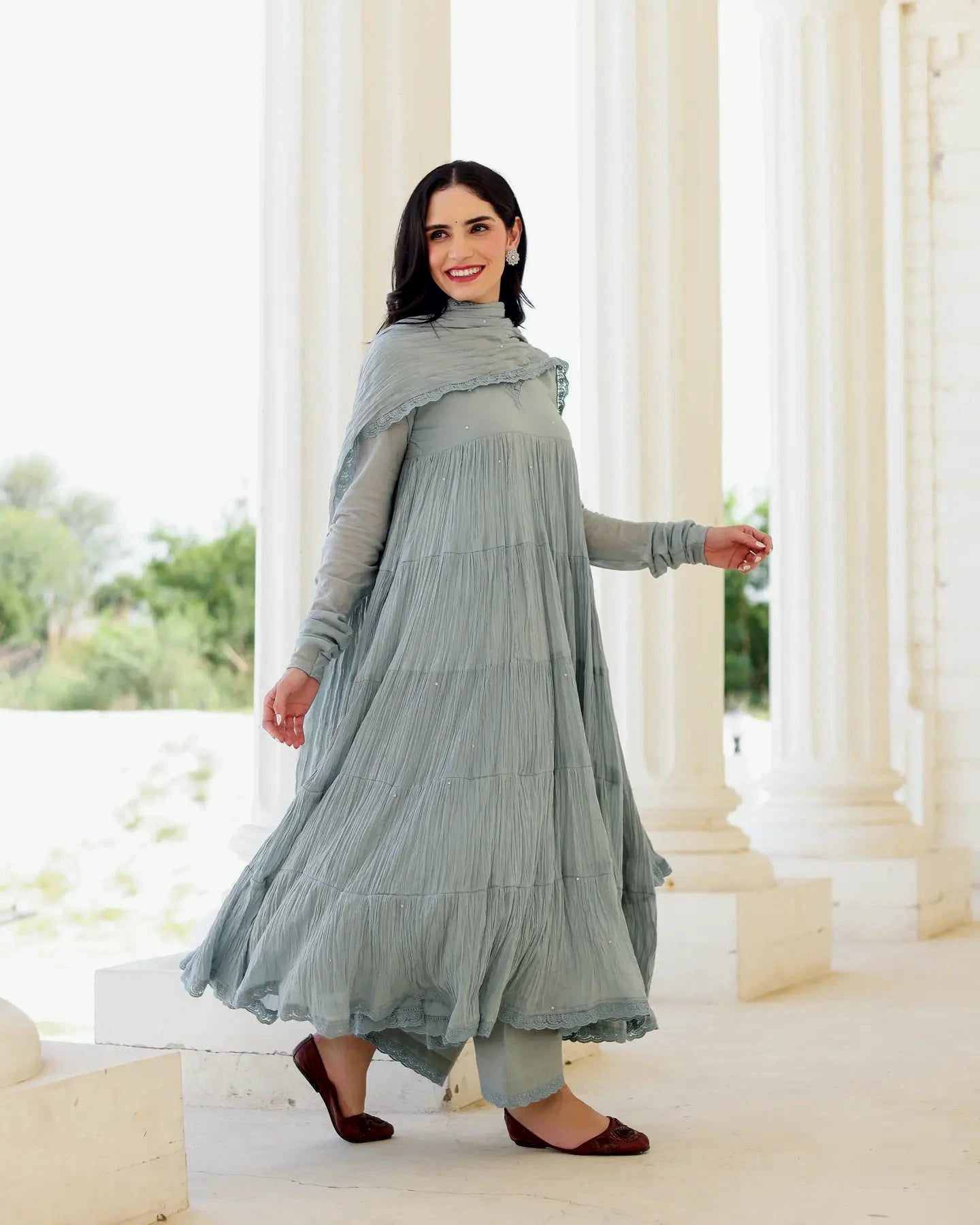 Asrumo greyish blue cotton mulmul embroidered Anarkali suit set for festive celebrations