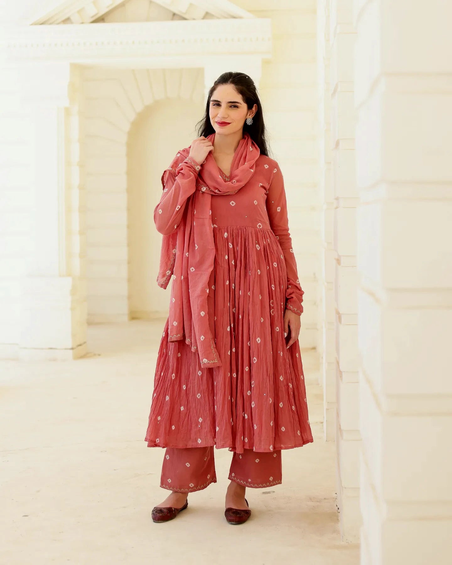 Asrumo dusty rose cotton mulmul Bandhani suit set with handcrafted Aari Zari work