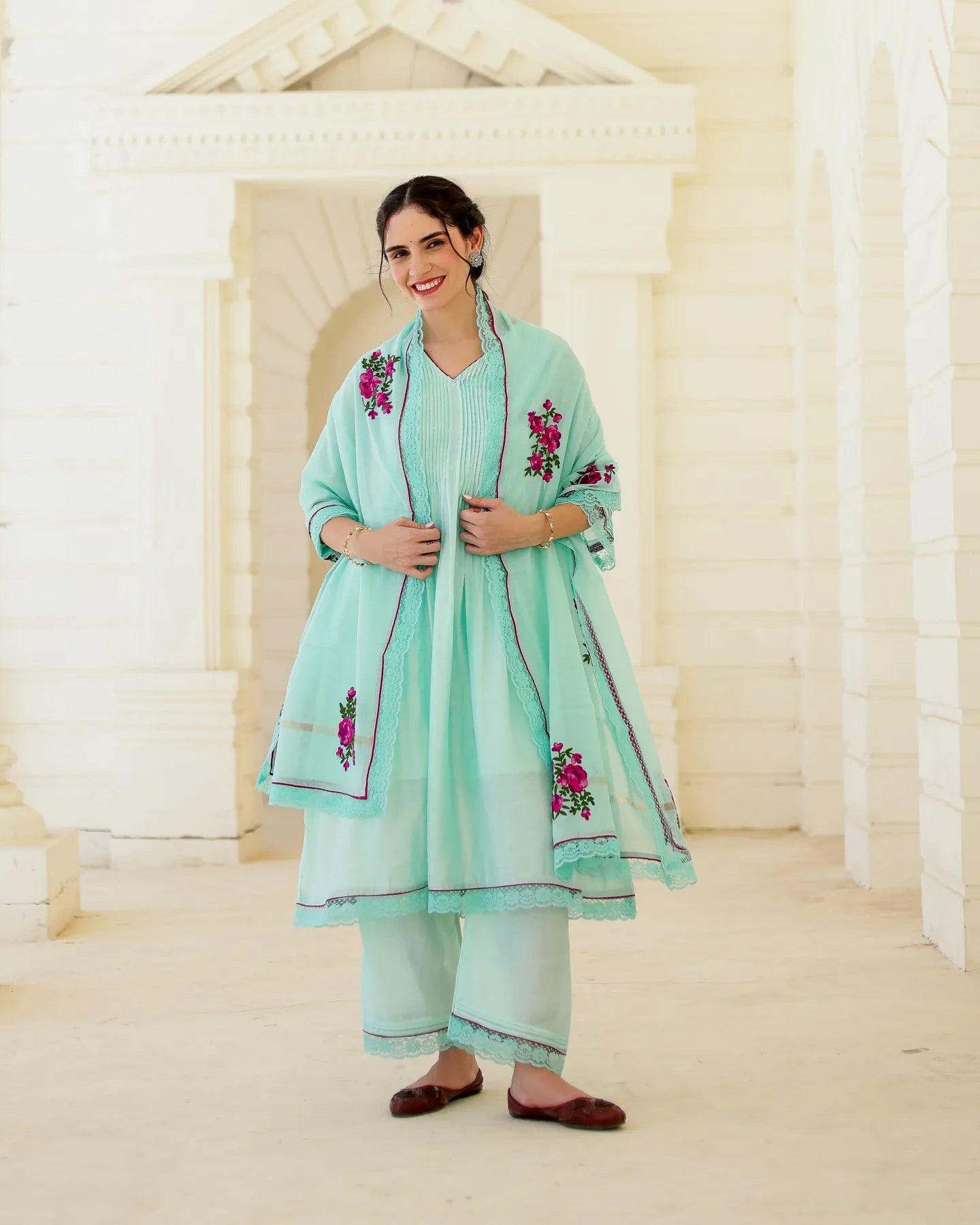 Floris Mint Chanderi Aari Embroidered Kurta Palazzo Set with Floral Dupatta - AS-TTME-21 (6)
