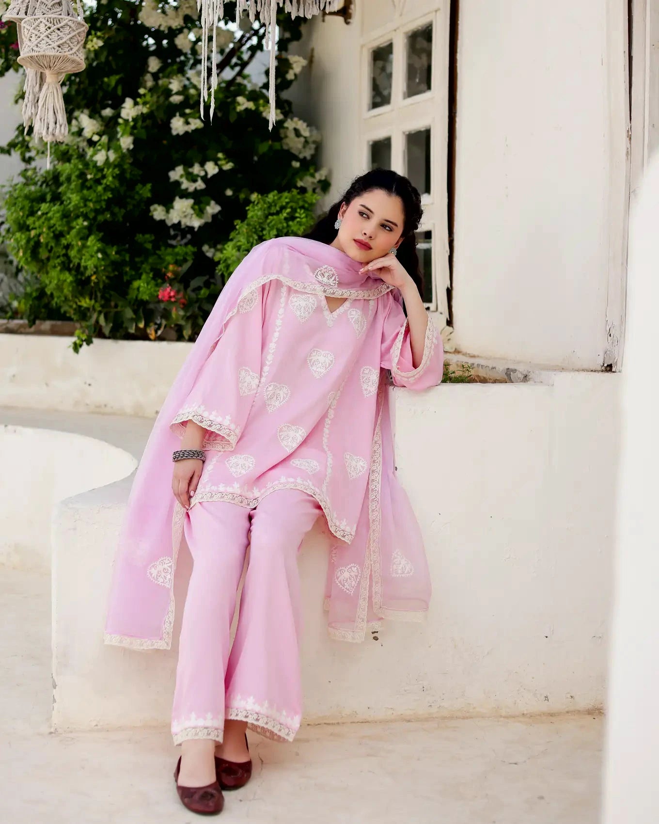 Gulzaar Blush Pink Cotton Satin Aari Embroidered Kurta Palazzo Set - AS-TTME-3 (1)