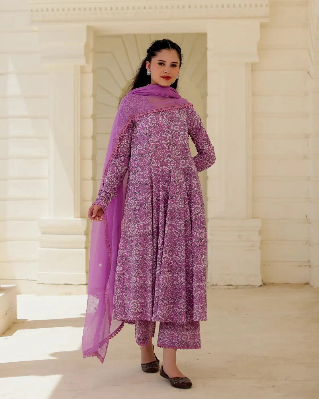 Asrumo Lavender Heritage cotton Anarkali suit set with handblock floral motifs
