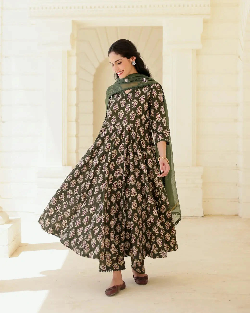 Asrumo olive green handblock cotton paisley Anarkali suit set with Kota Doria dupatta