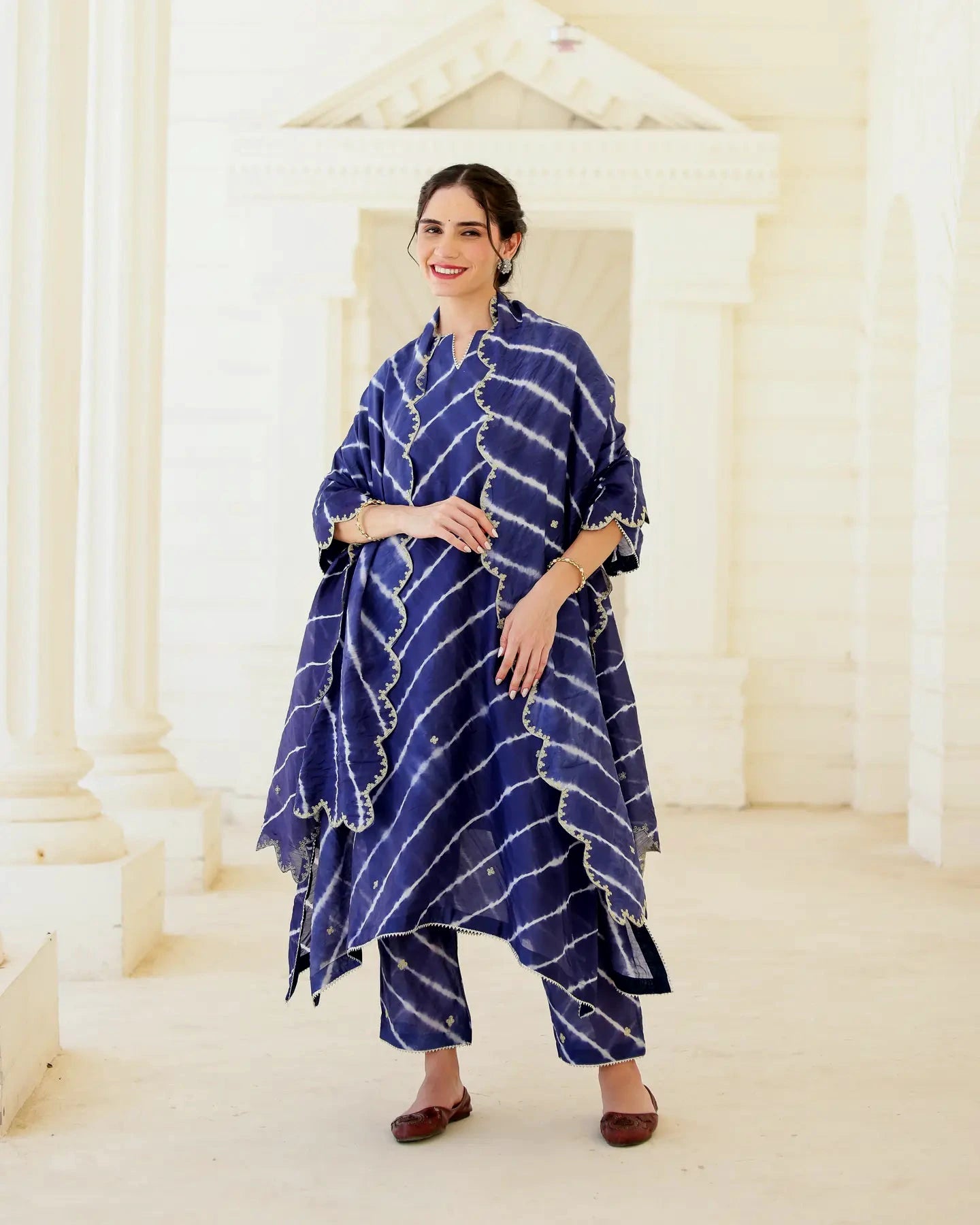 Indigoire Royal blue Chanderi Hand Dyed Leheriya Kurta Set with Zari Aari Embroidery - AS-TTME-19 (5)