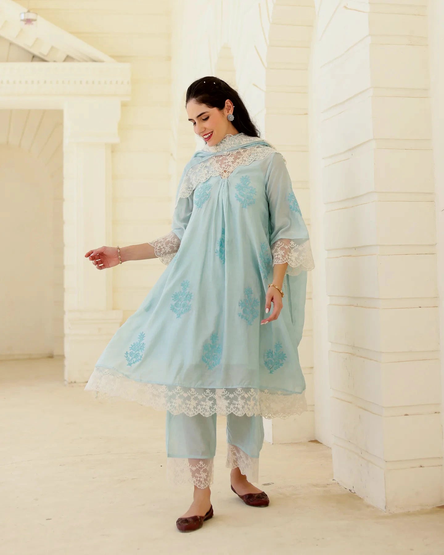 Asrumo powder blue Chanderi suit set with handcrafted Aari embroidery and lace dupatta