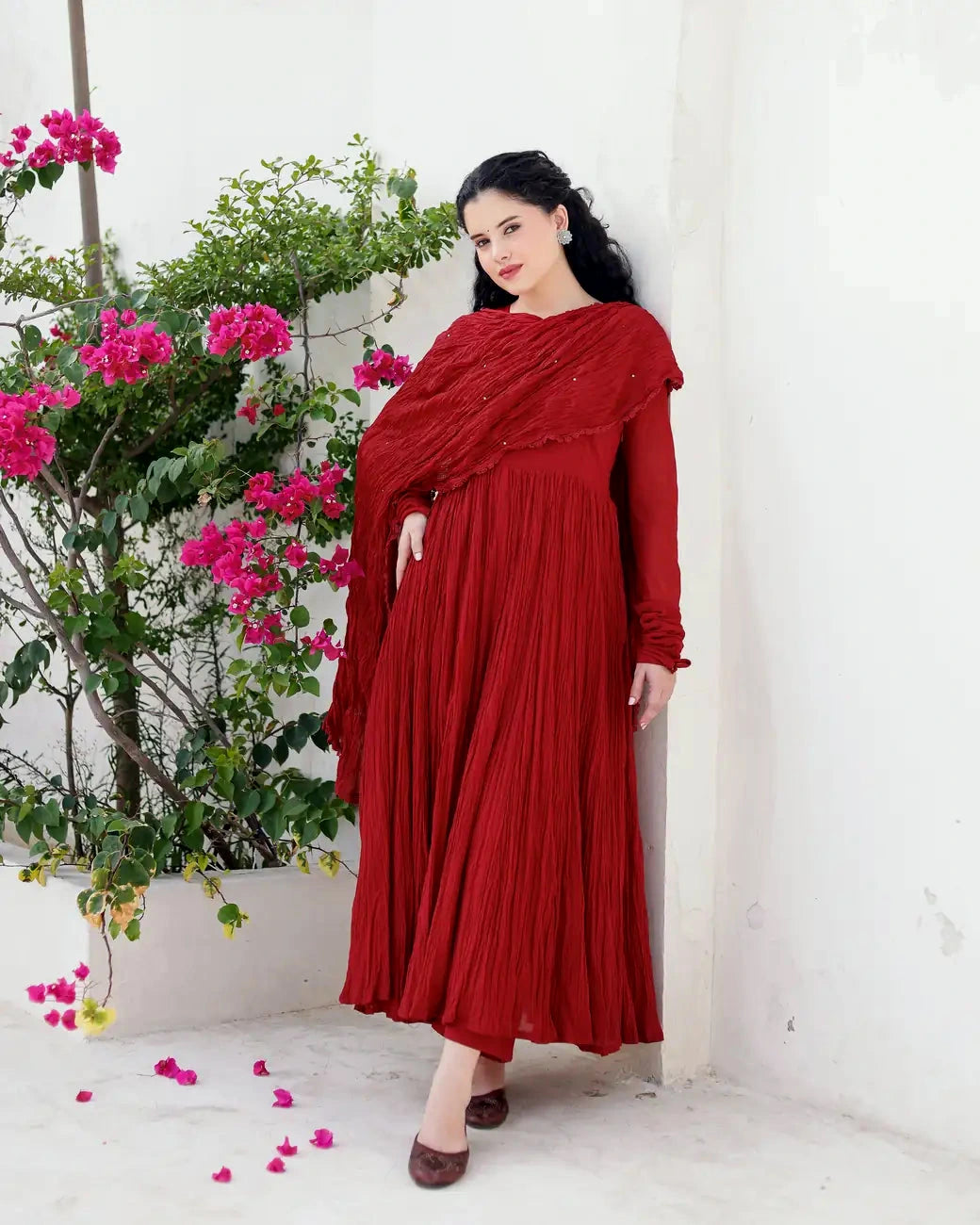 Mehraya Maroon Cotton Mulmul Anarkali Dress with Draped Dupatta - AS-TTME-5 (8)
