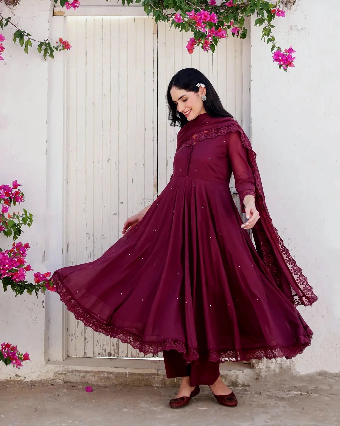 Asrumo wine cotton mulmul Taari embellished Anarkali suit set for festive occasions