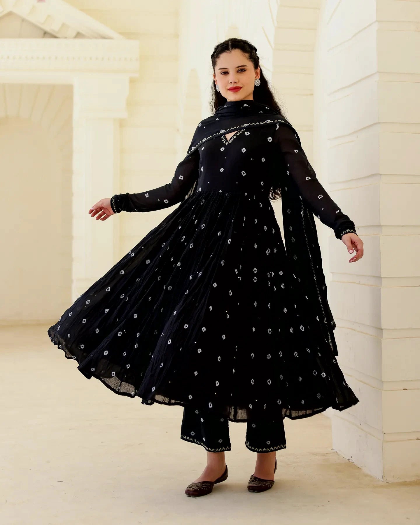 Asrumo black cotton mulmul Bandhani Anarkali suit set with matching dupatta