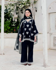 Noir Handcrafted Black Embroidered Kurta Palazzo Set with Organza Dupatta