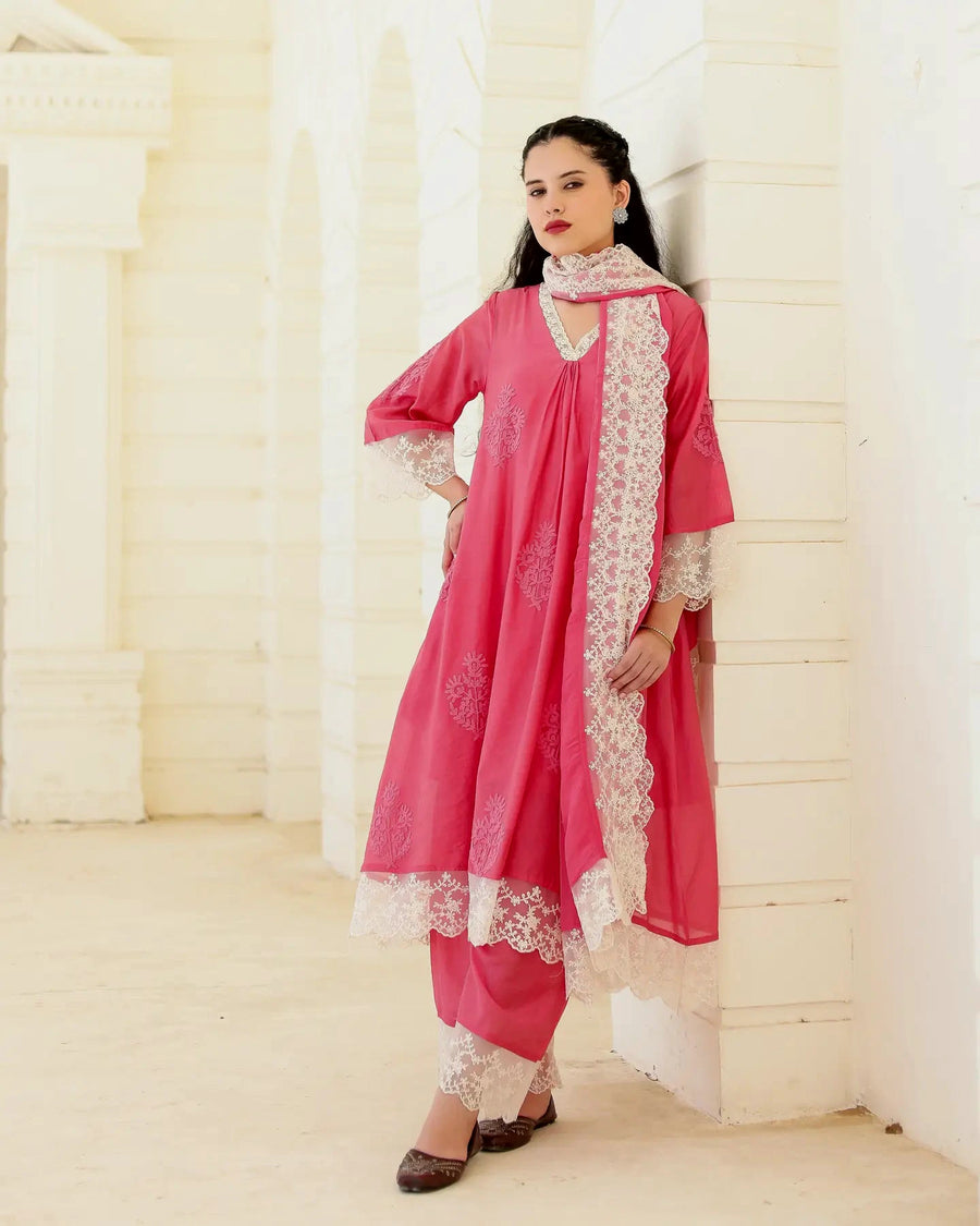 Roséline Pink Chanderi Aari Embroidered Suit Set with Lace Dupatta - AS-TTME-26 (6)