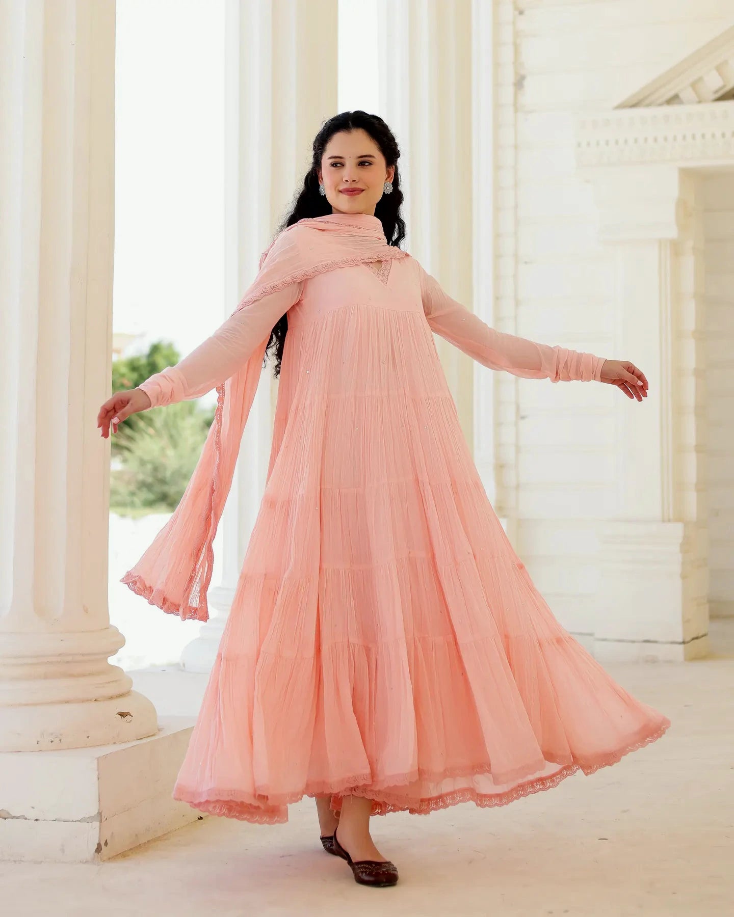 Asrumo blush peach cotton mulmul Anarkali suit set with Taari embellishments