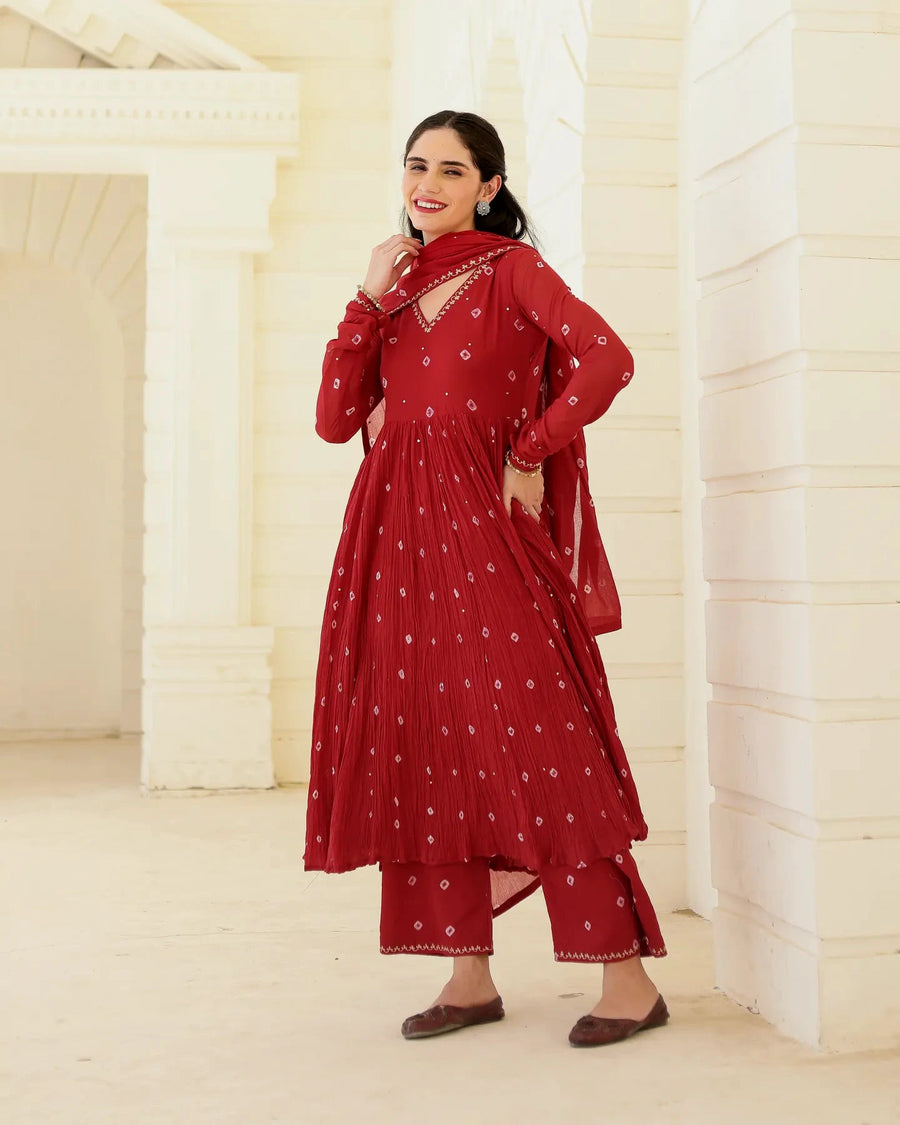 Ruhani Crimson Cotton Mulmul Bandhani Suit Set with Aari Zari Embroidery - AS-TTME-31 (8)