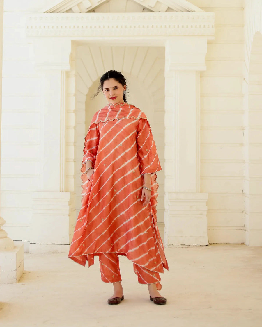 Terracotta Chanderi Hand Dyed Leheriya Kurta Set with Zari Embroidery - AS-TTME-20 (4)