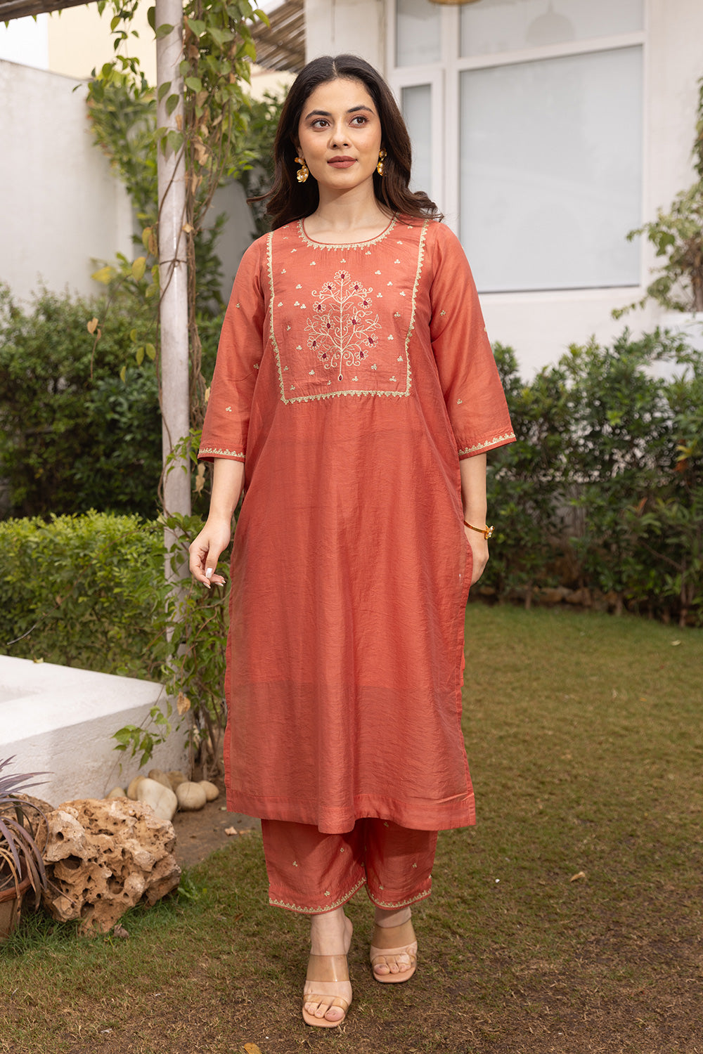 Rust color chanderi suit set