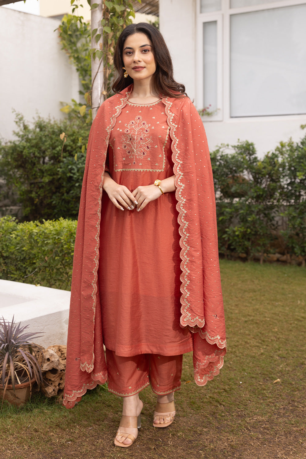 Rust color chanderi suit set