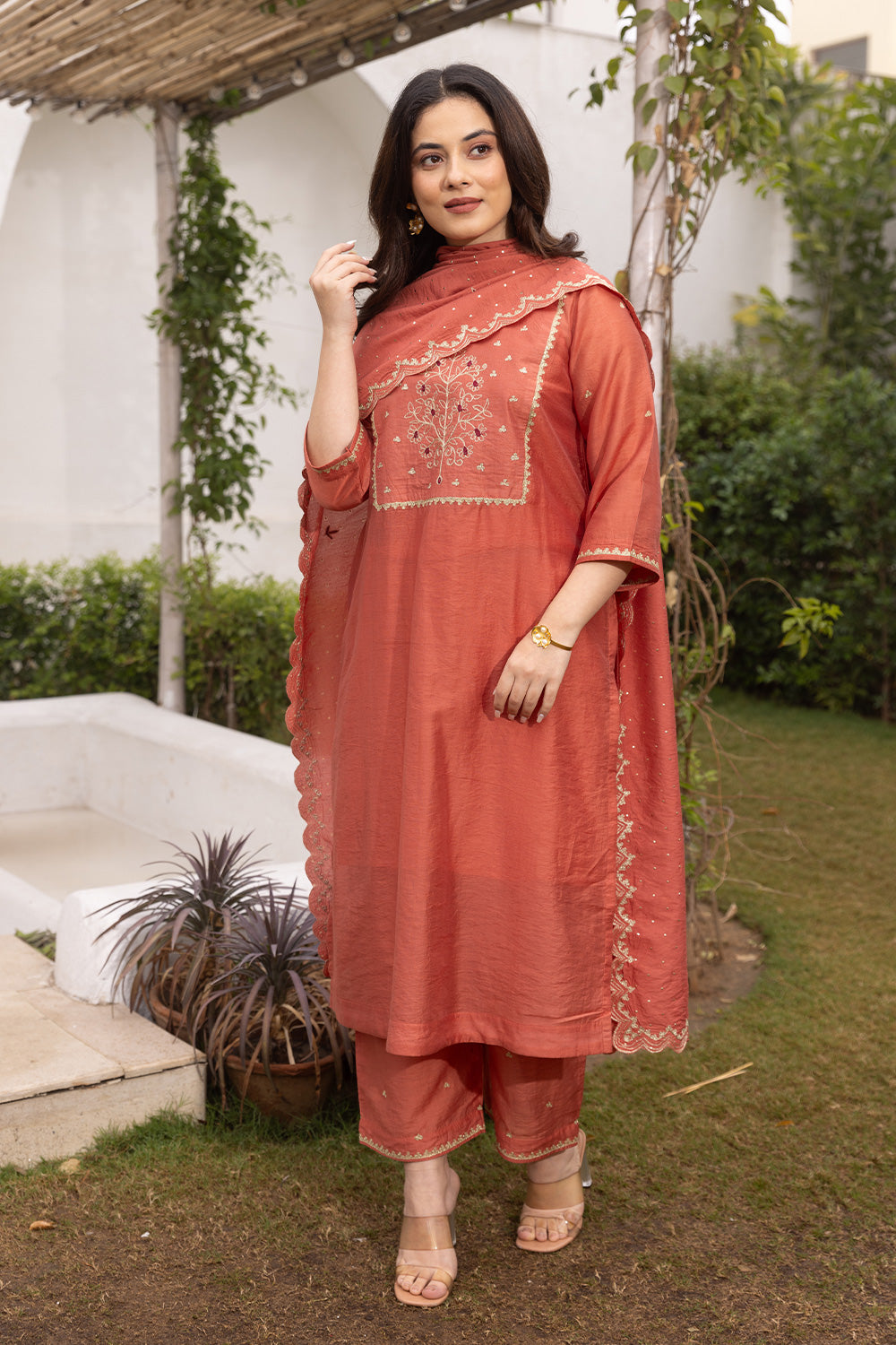 Rust color chanderi suit set