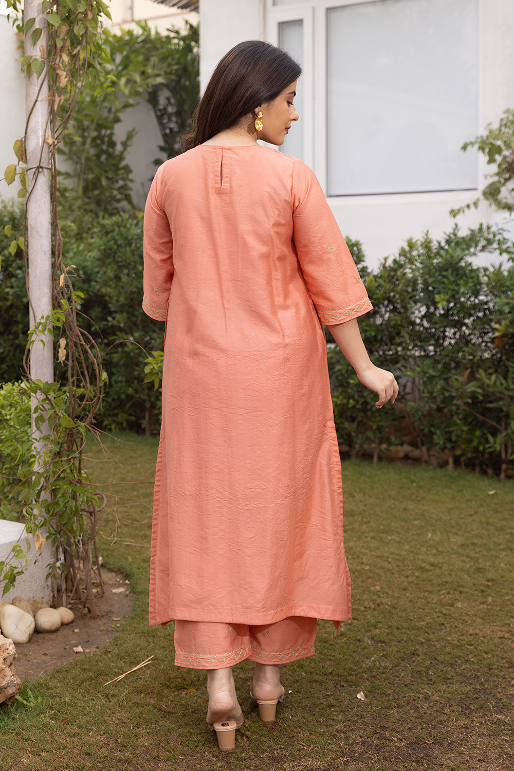 Peach color chanderi zari work straight set