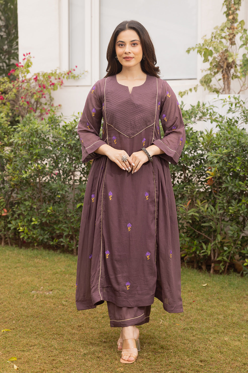 Purple Mulmul suit with purple handblock dupatta