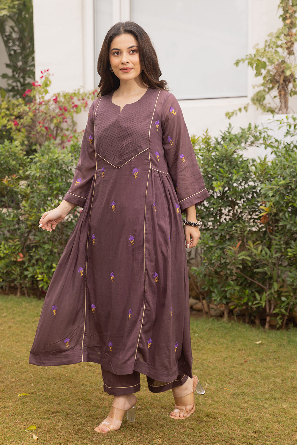 Purple Mulmul suit with purple handblock dupatta