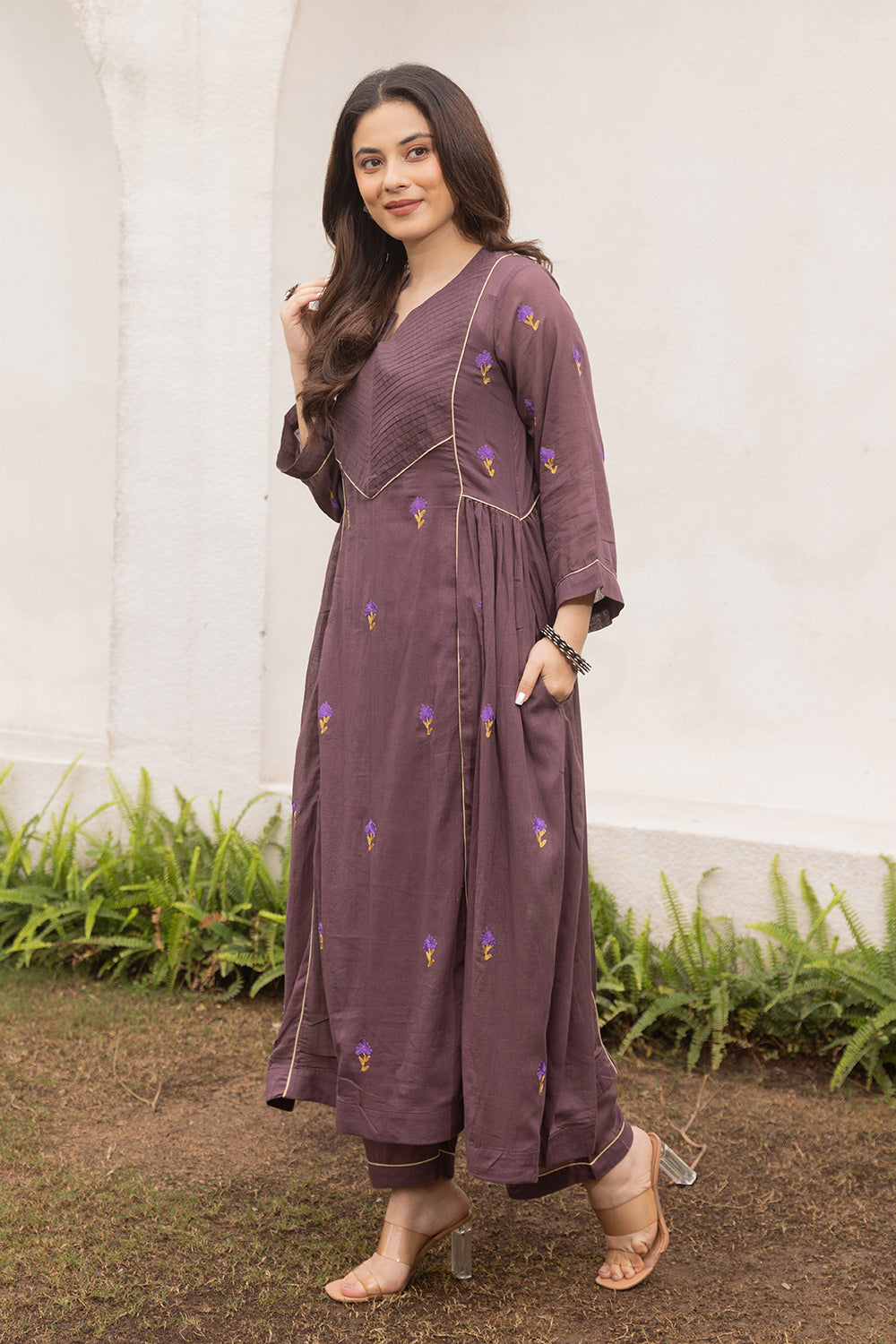 Purple Mulmul suit with purple handblock dupatta