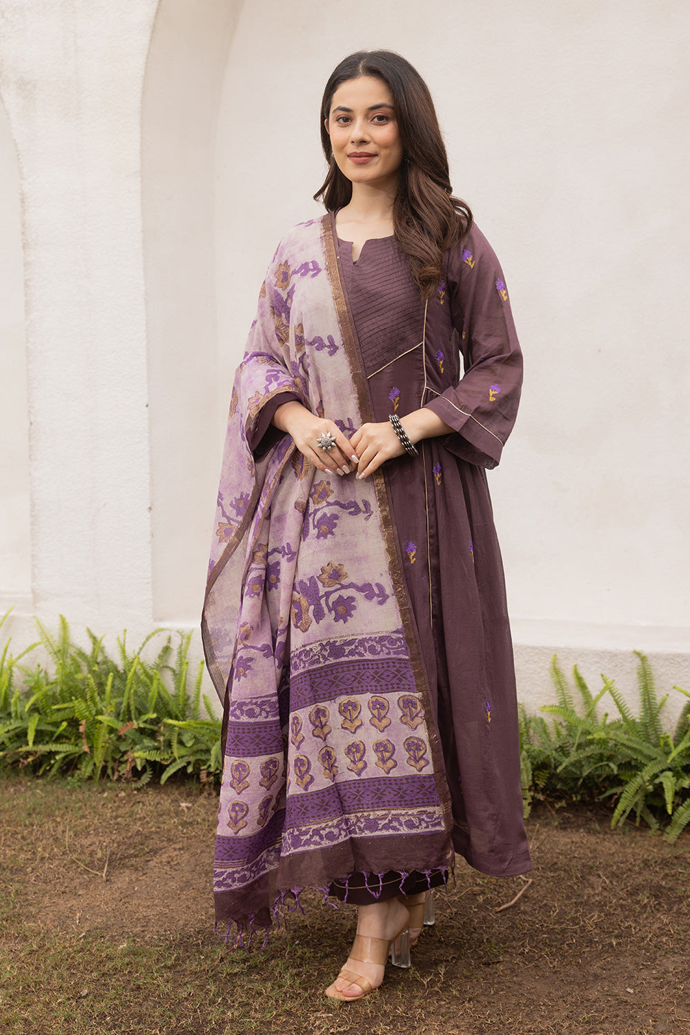 Purple Mulmul suit with purple handblock dupatta