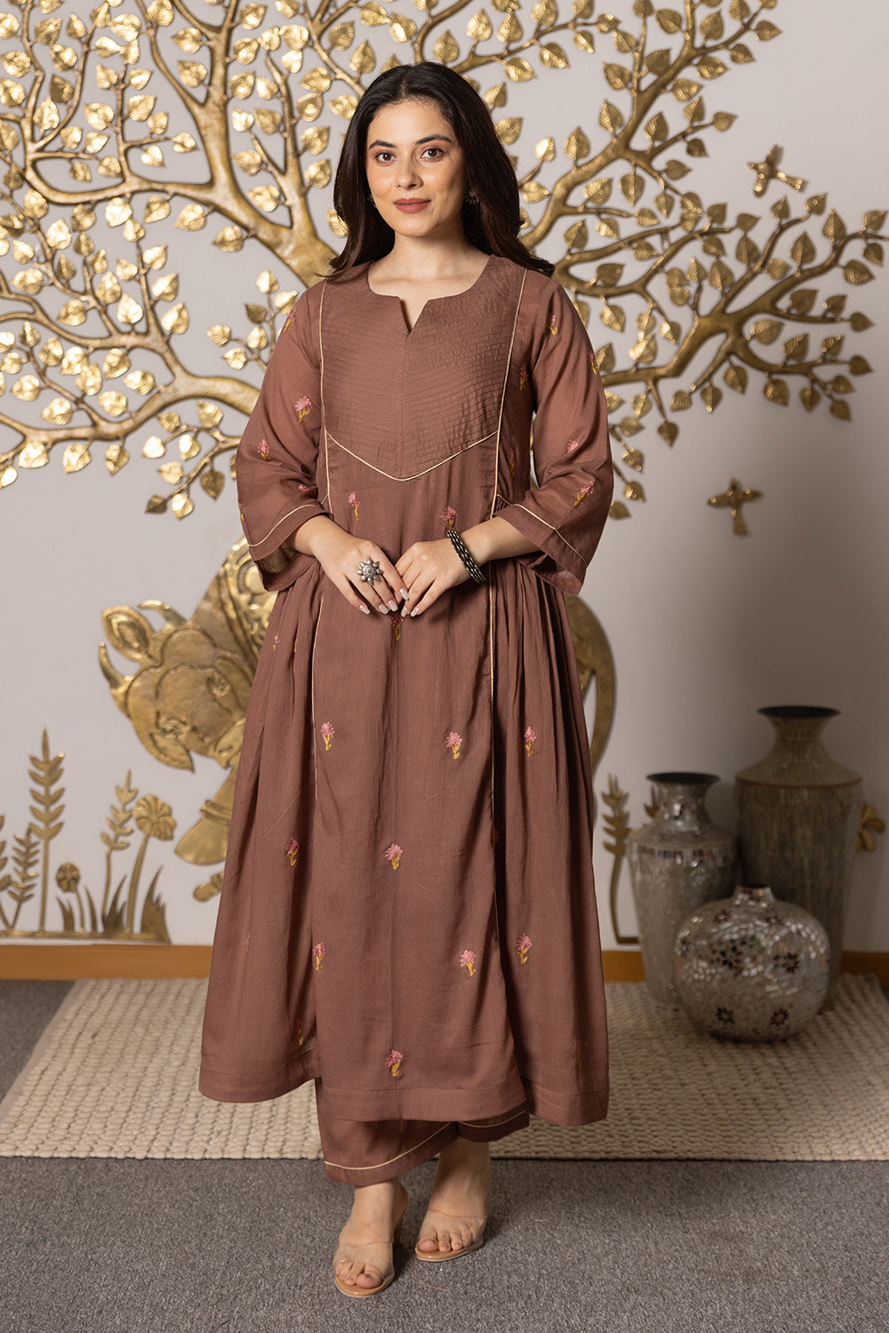 Brown Mulmul suit with pink handblock dupatta