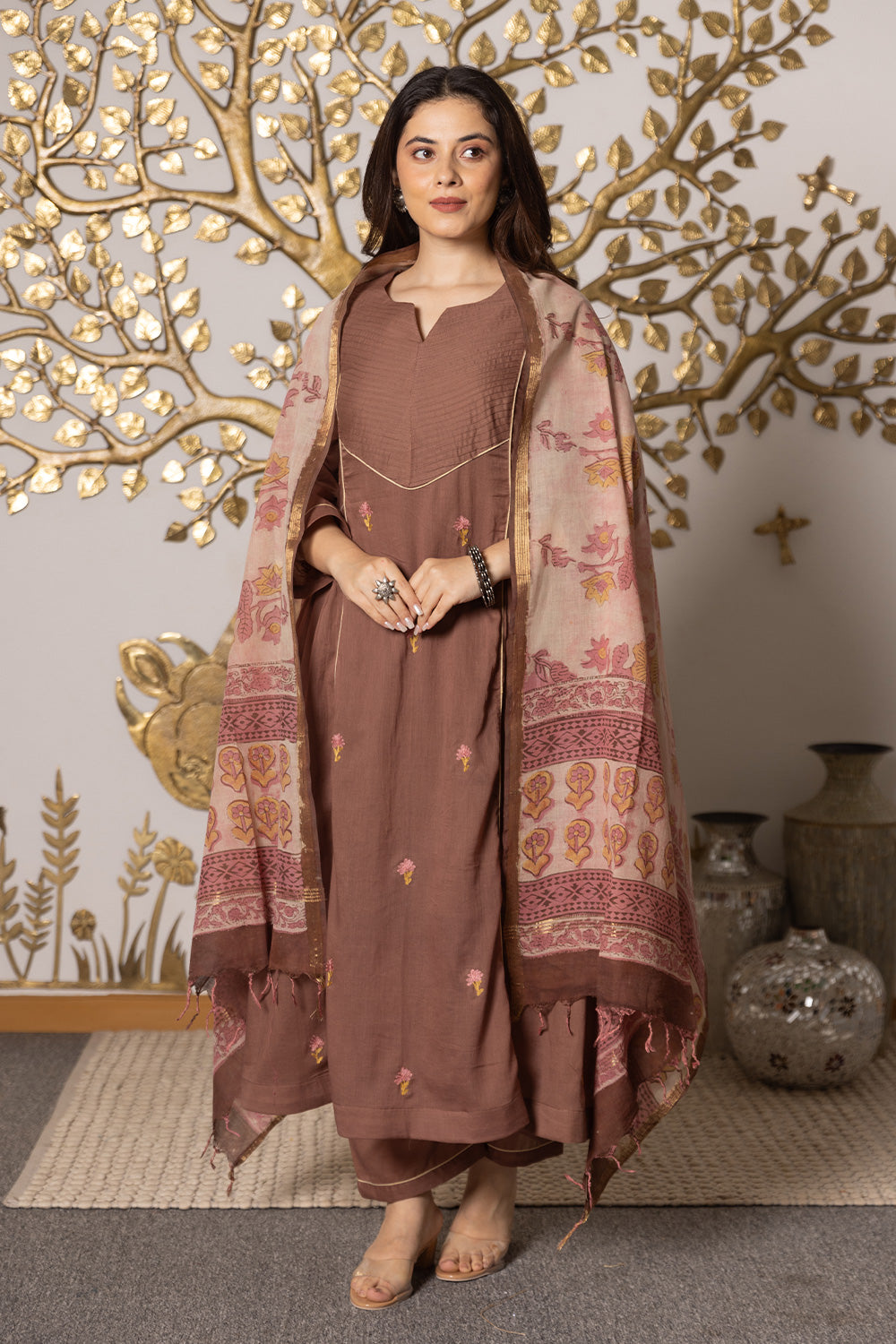 Brown Mulmul suit with pink handblock dupatta