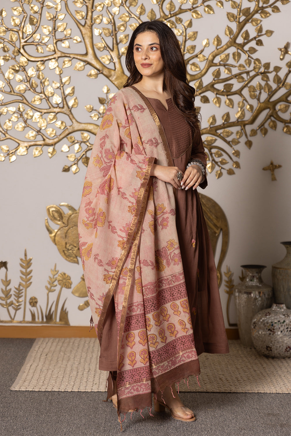 Brown Mulmul suit with pink handblock dupatta