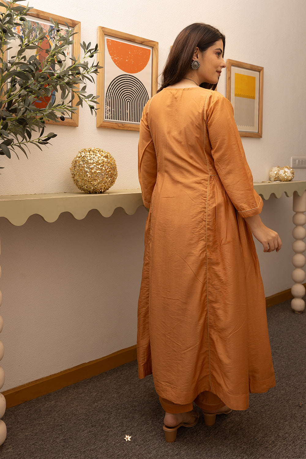 Orange chanderi suit with doriya dupatta