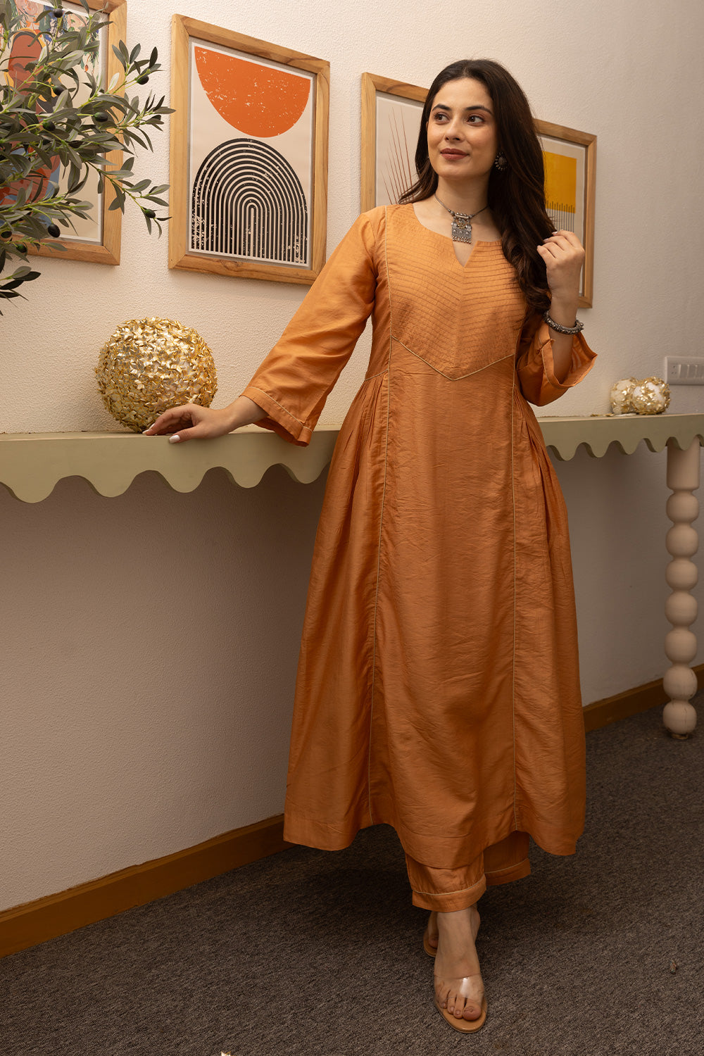 Orange chanderi suit with doriya dupatta