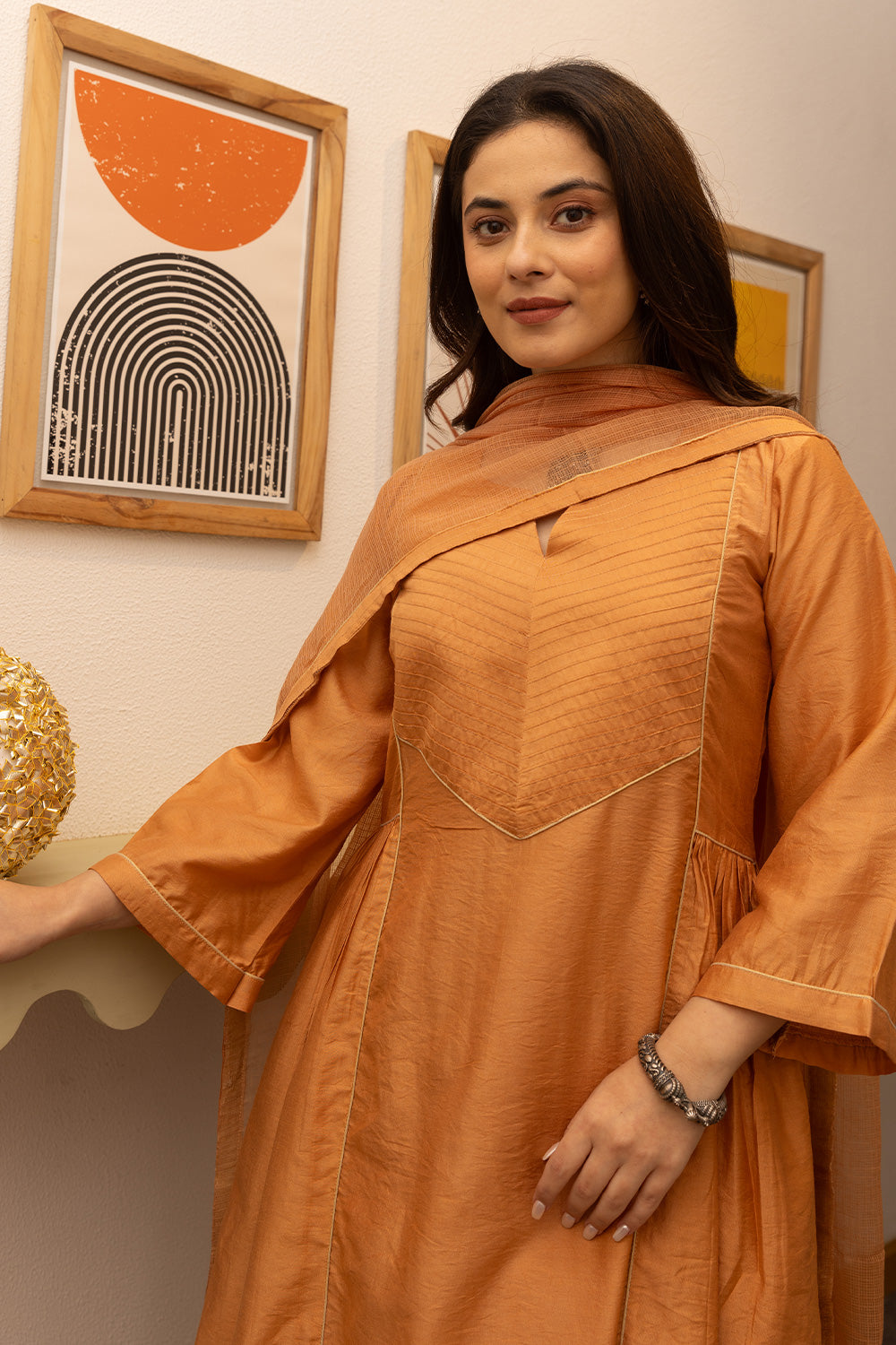 Orange chanderi suit with doriya dupatta