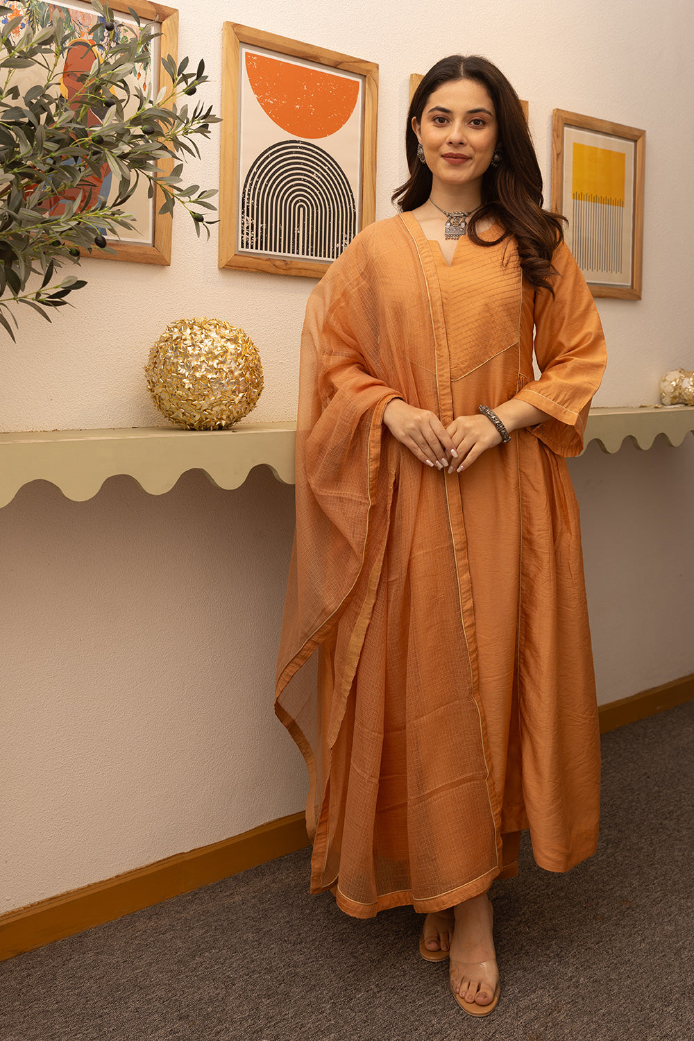 Orange chanderi suit with doriya dupatta