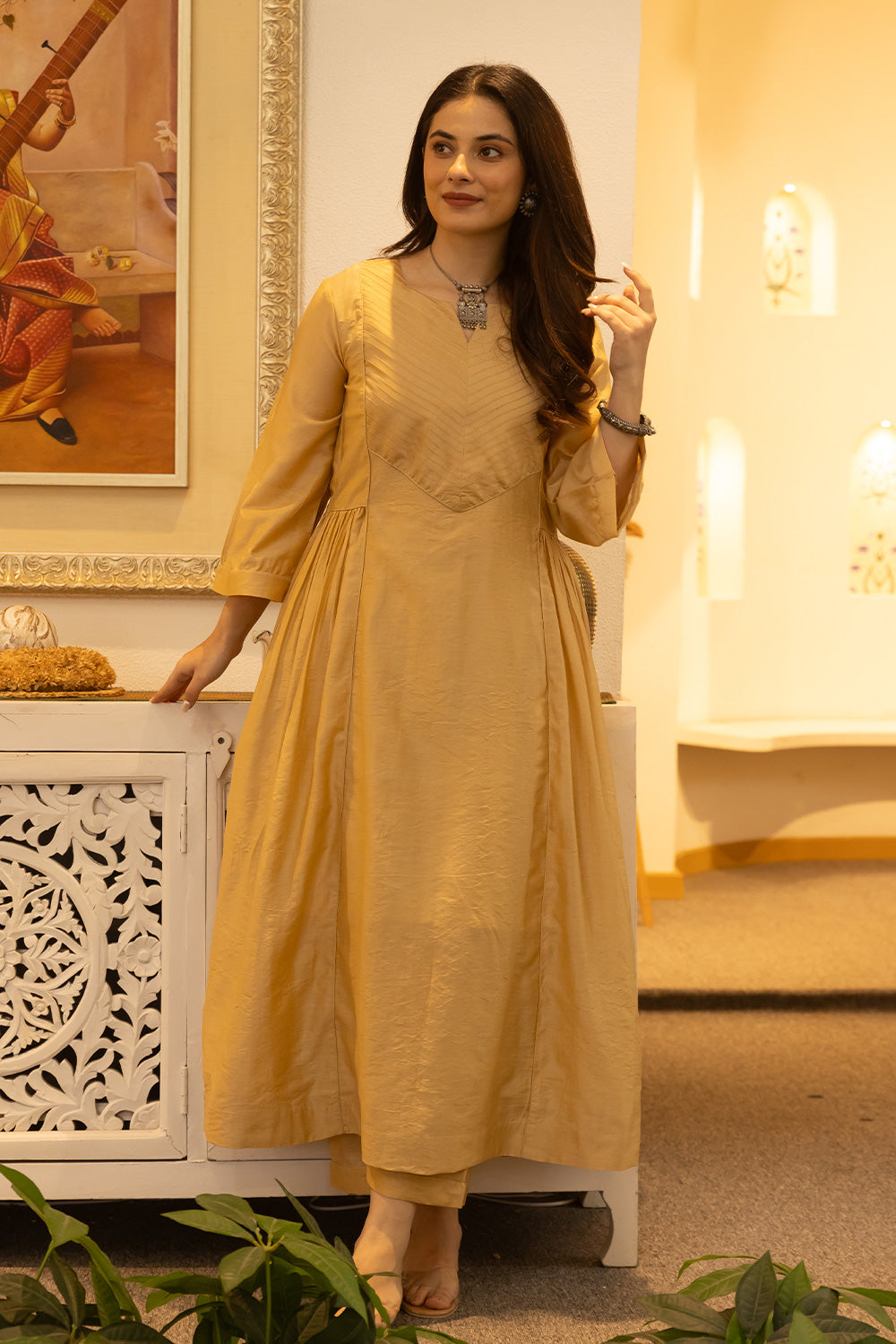 Yellow chanderi suit with doriya dupatta