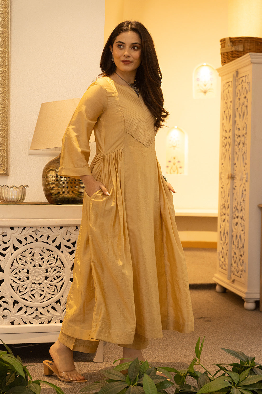 Yellow chanderi suit with doriya dupatta