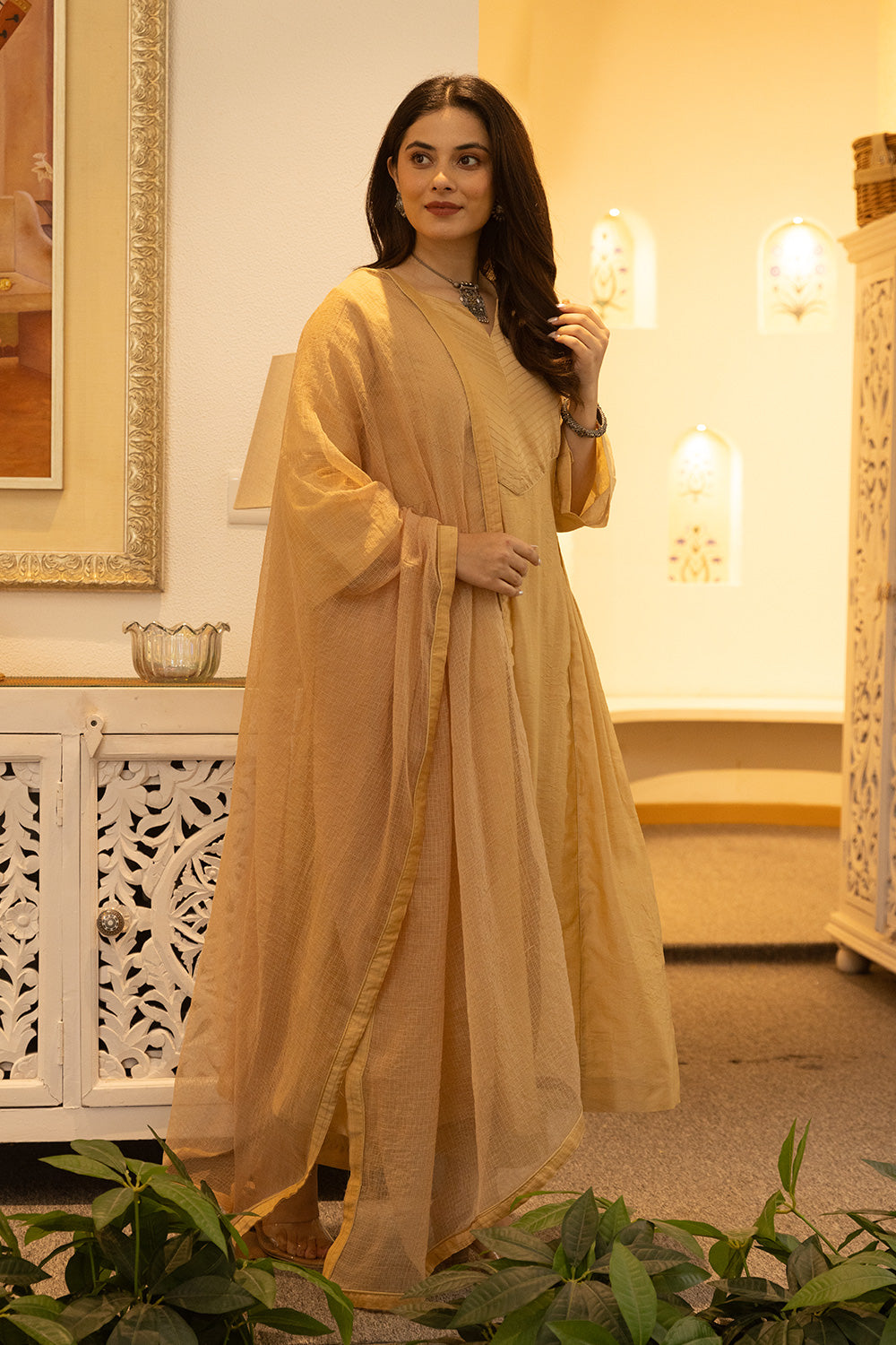 Yellow chanderi suit with doriya dupatta