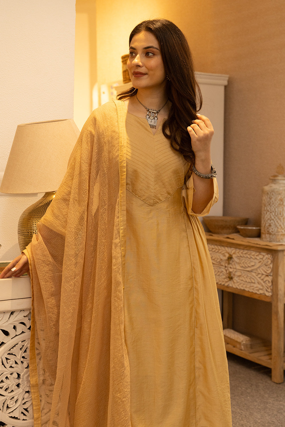 Yellow chanderi suit with doriya dupatta